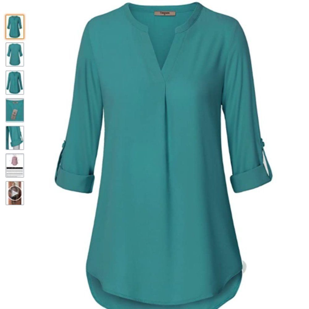Casual Chiffon V Neck Cuffed Sleeve Blouse Top